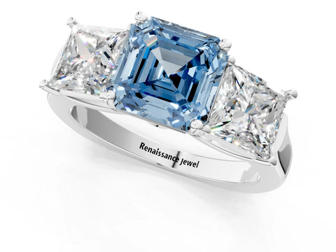 White gold Three-Stone Fancy Blue Asscher Cut Brilliant Diamond Trellis Ring with Comfort Fit Band_1