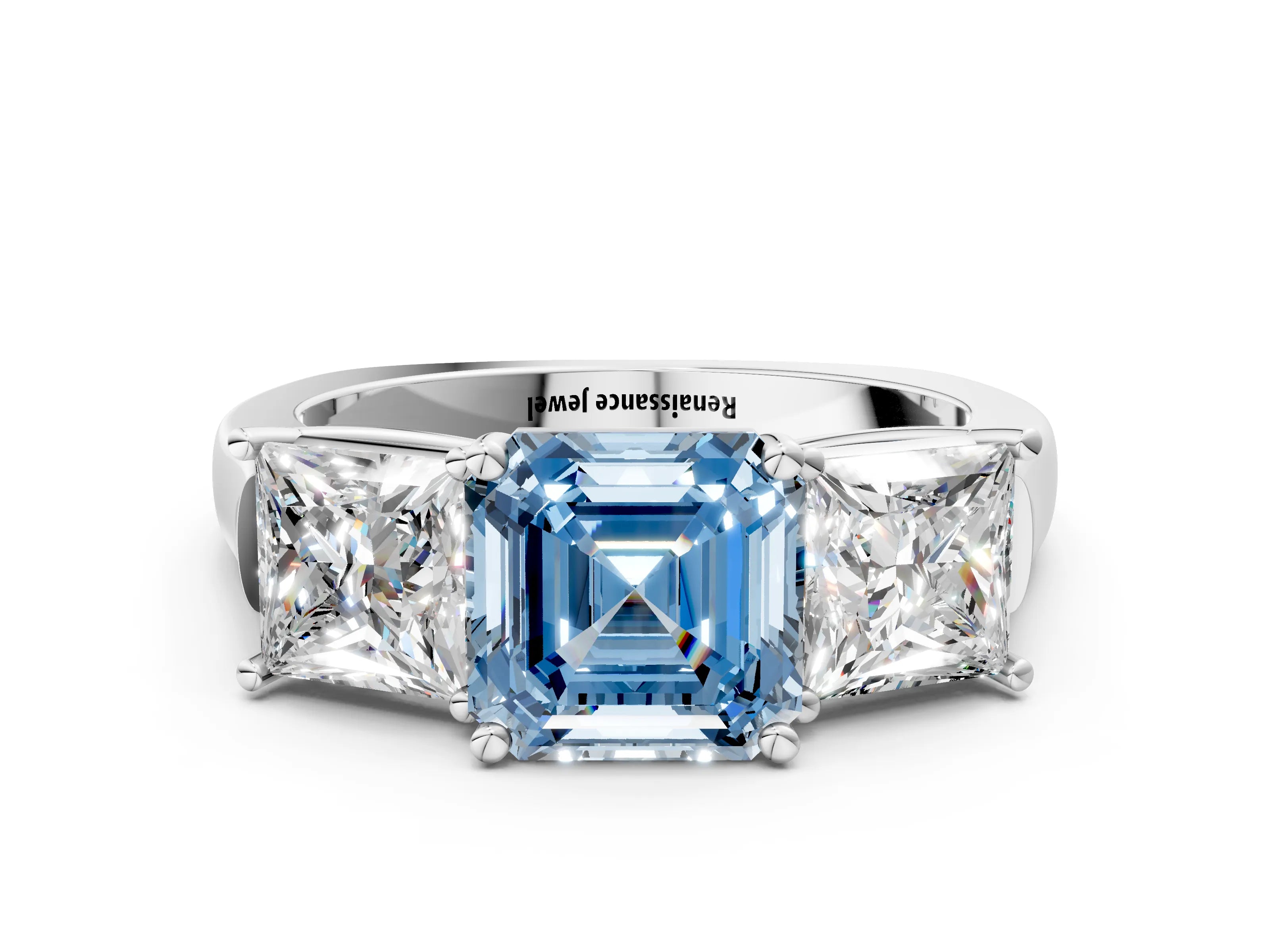 White gold Three-Stone Fancy Blue Asscher Cut Brilliant Diamond Trellis Ring with Comfort Fit Band_36