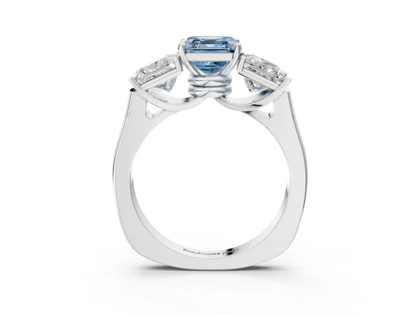 White gold Three-Stone Fancy Blue Asscher Cut Brilliant Diamond Trellis Ring with Comfort Fit Band
