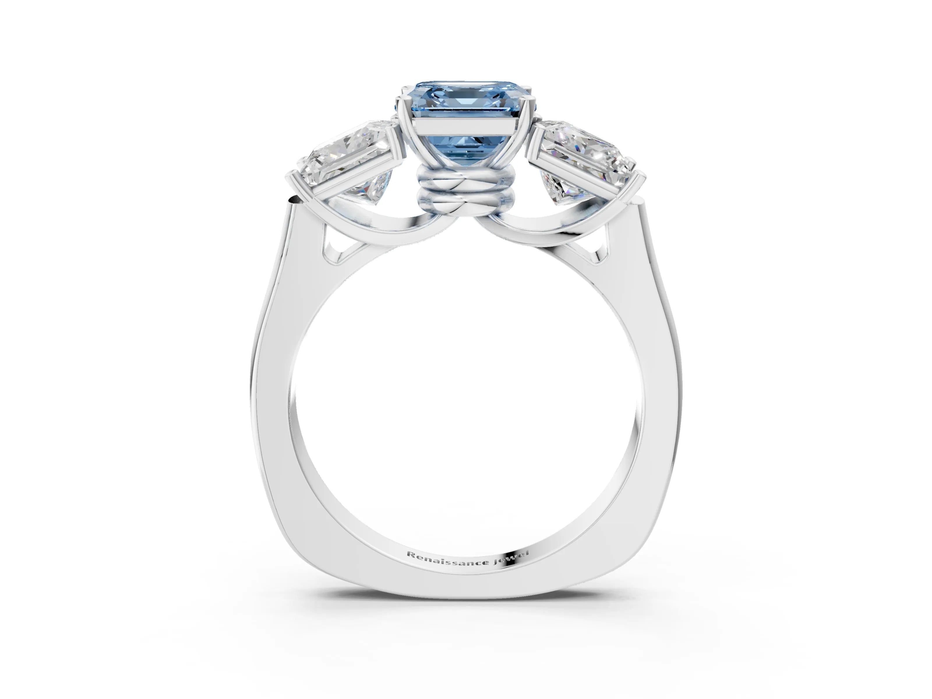 White gold Three-Stone Fancy Blue Asscher Cut Brilliant Diamond Trellis Ring with Comfort Fit Band_3