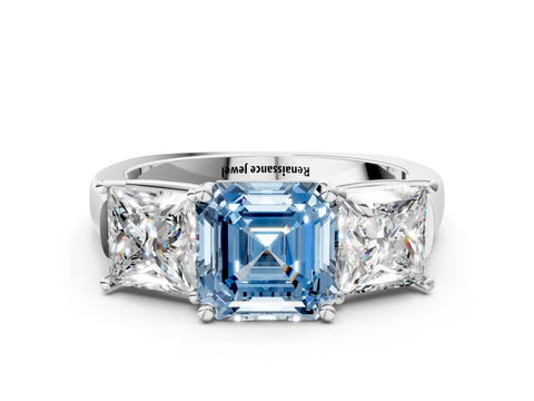 White gold Three-Stone Fancy Blue Asscher Cut Brilliant Diamond Trellis Ring with Comfort Fit Band_6