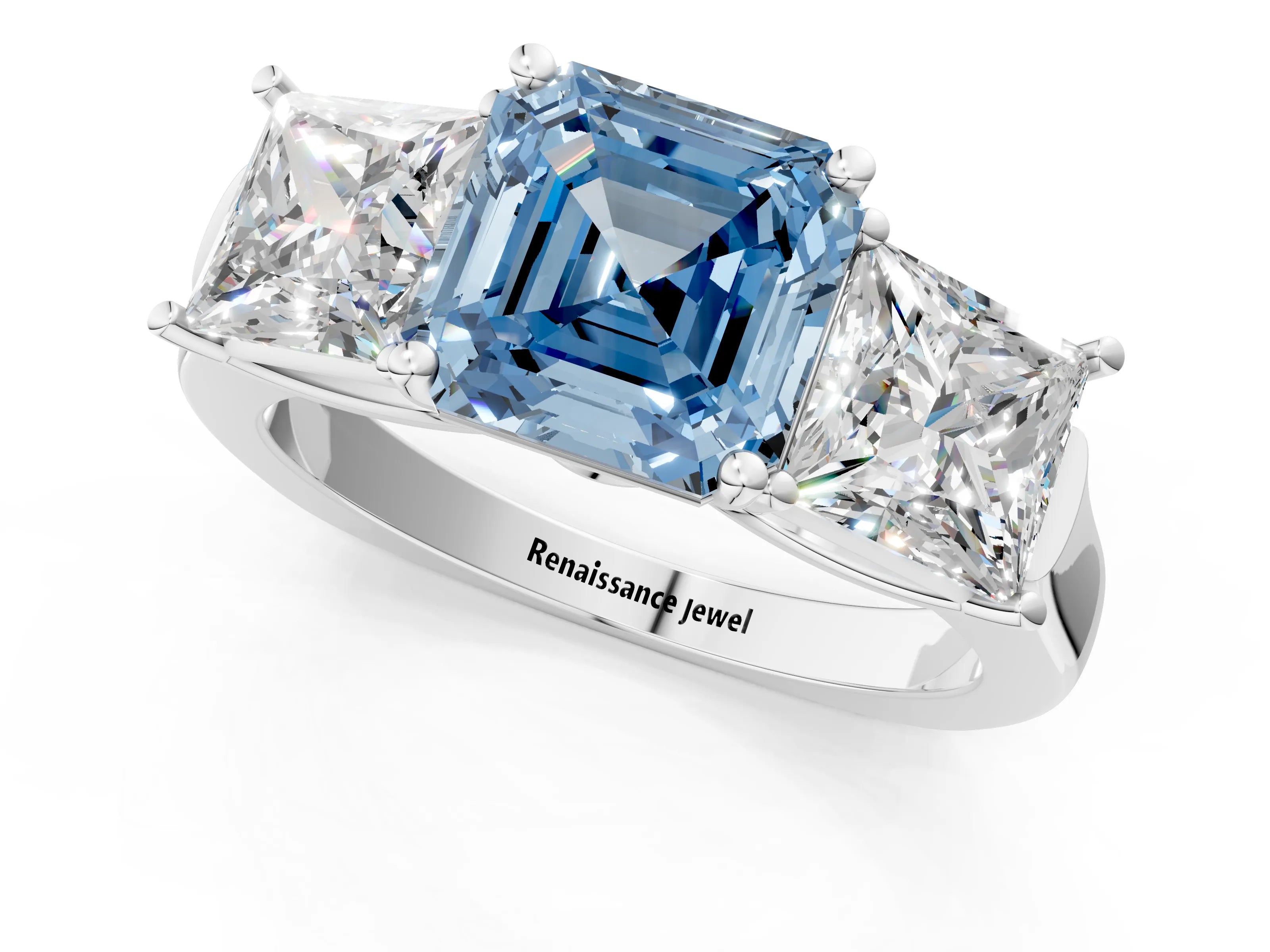 White gold Three-Stone Fancy Blue Asscher Cut Brilliant Diamond Trellis Ring with Comfort Fit Band_7