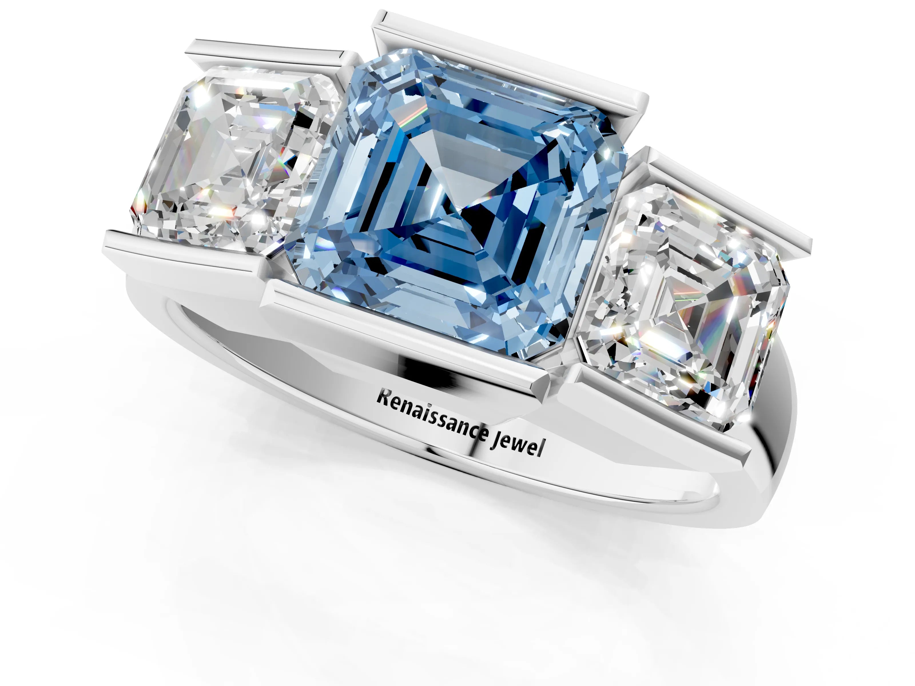 White gold Three Stone Fancy Blue Asscher Cut Cut Channel Set Diamond Ring_25