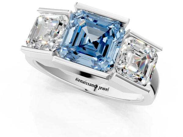 Sterling Silver Asscher Cut Channel Set Three Stone Engagement Ring Setting for Fancy Blue Center
