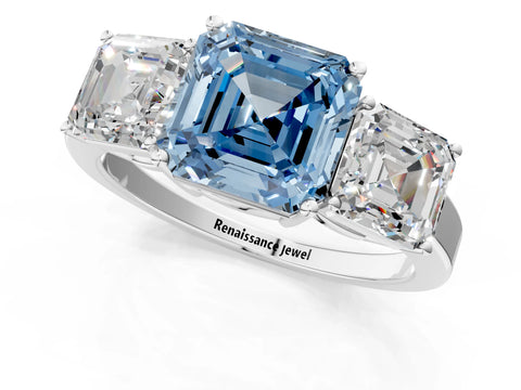 White gold Three-Stone Fancy Blue Asscher Cut Cut Diamond Engagement Ring with Flat Band and Four-Prong Setting_13