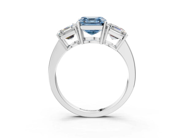 Platinum Three-Stone Fancy Blue Asscher Cut Cut Diamond Engagement Ring with Flat Band and Four-Prong Setting