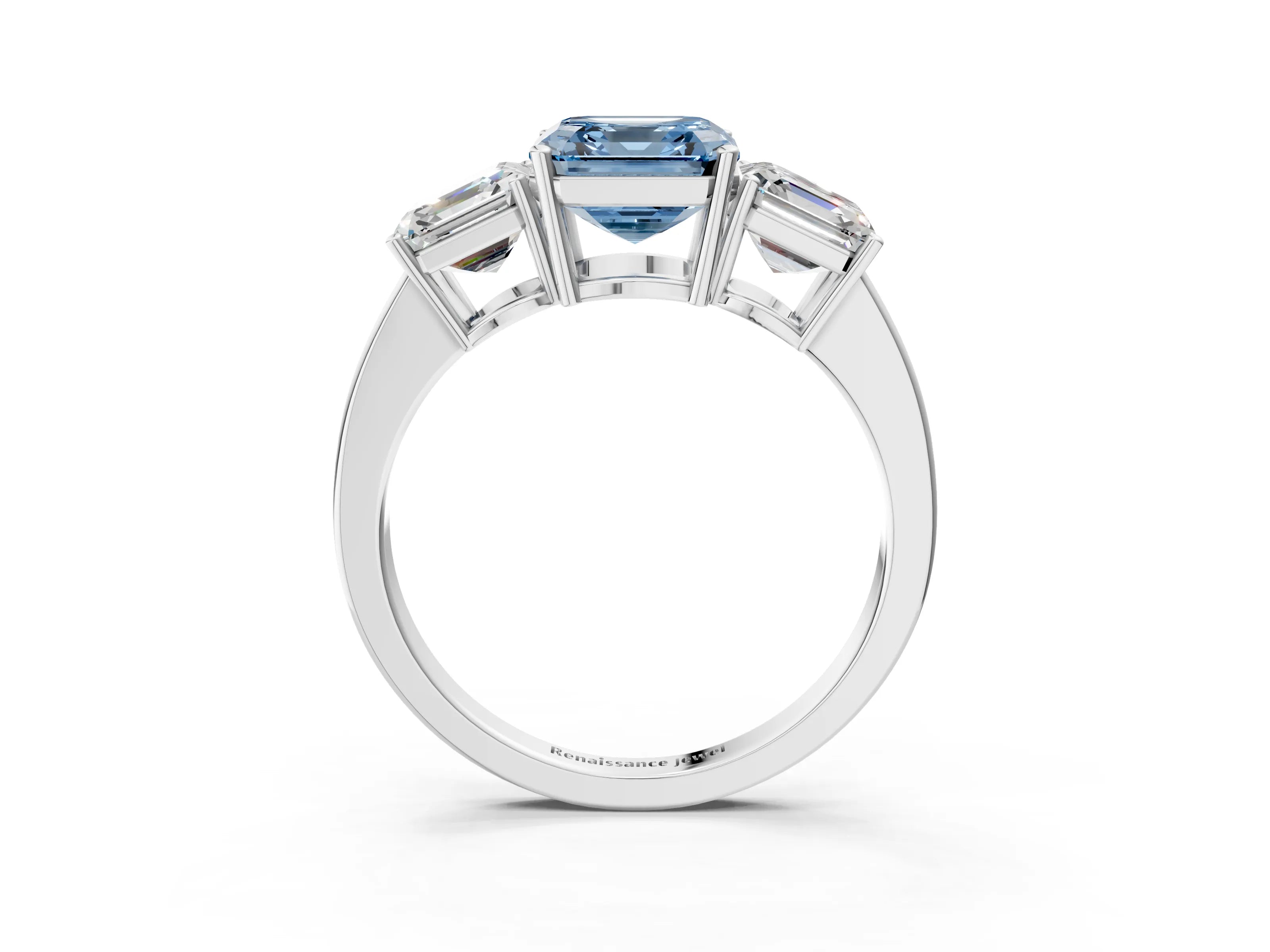 White gold Three-Stone Fancy Blue Asscher Cut Cut Diamond Engagement Ring with Flat Band and Four-Prong Setting_15