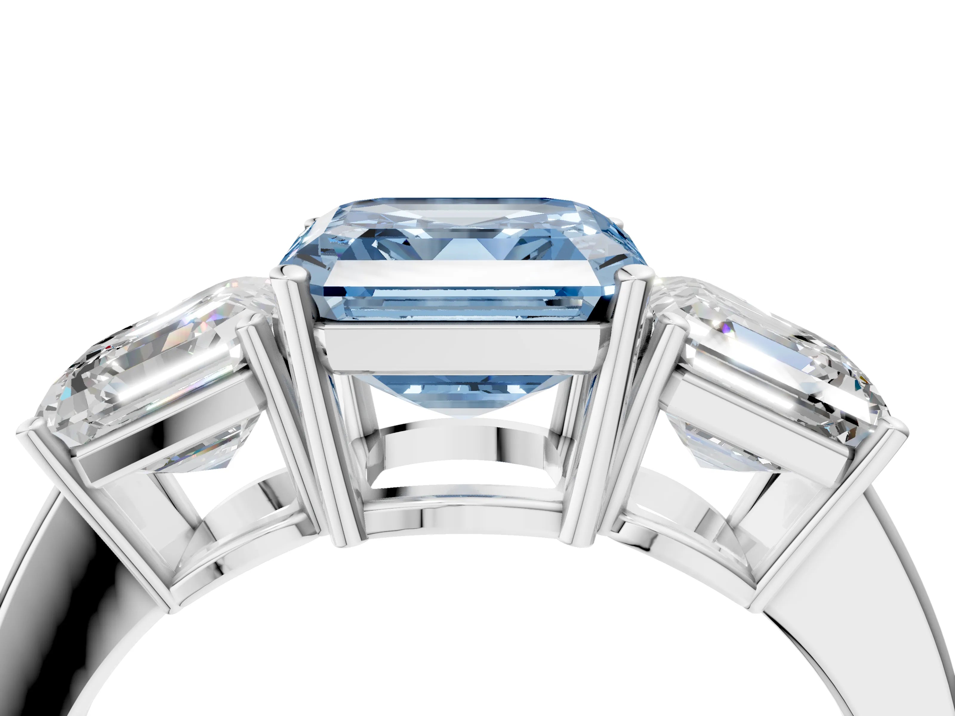 White gold Three-Stone Fancy Blue Asscher Cut Cut Diamond Engagement Ring with Flat Band and Four-Prong Setting_16