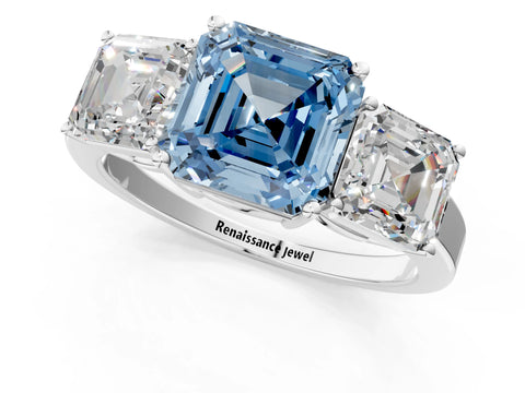 White gold Three-Stone Fancy Blue Asscher Cut Cut Diamond Engagement Ring with Flat Band and Four-Prong Setting_1