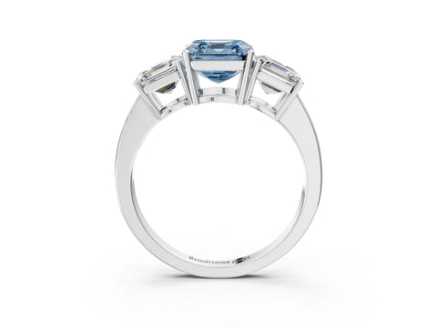 White gold Three-Stone Fancy Blue Asscher Cut Cut Diamond Engagement Ring with Flat Band and Four-Prong Setting_3