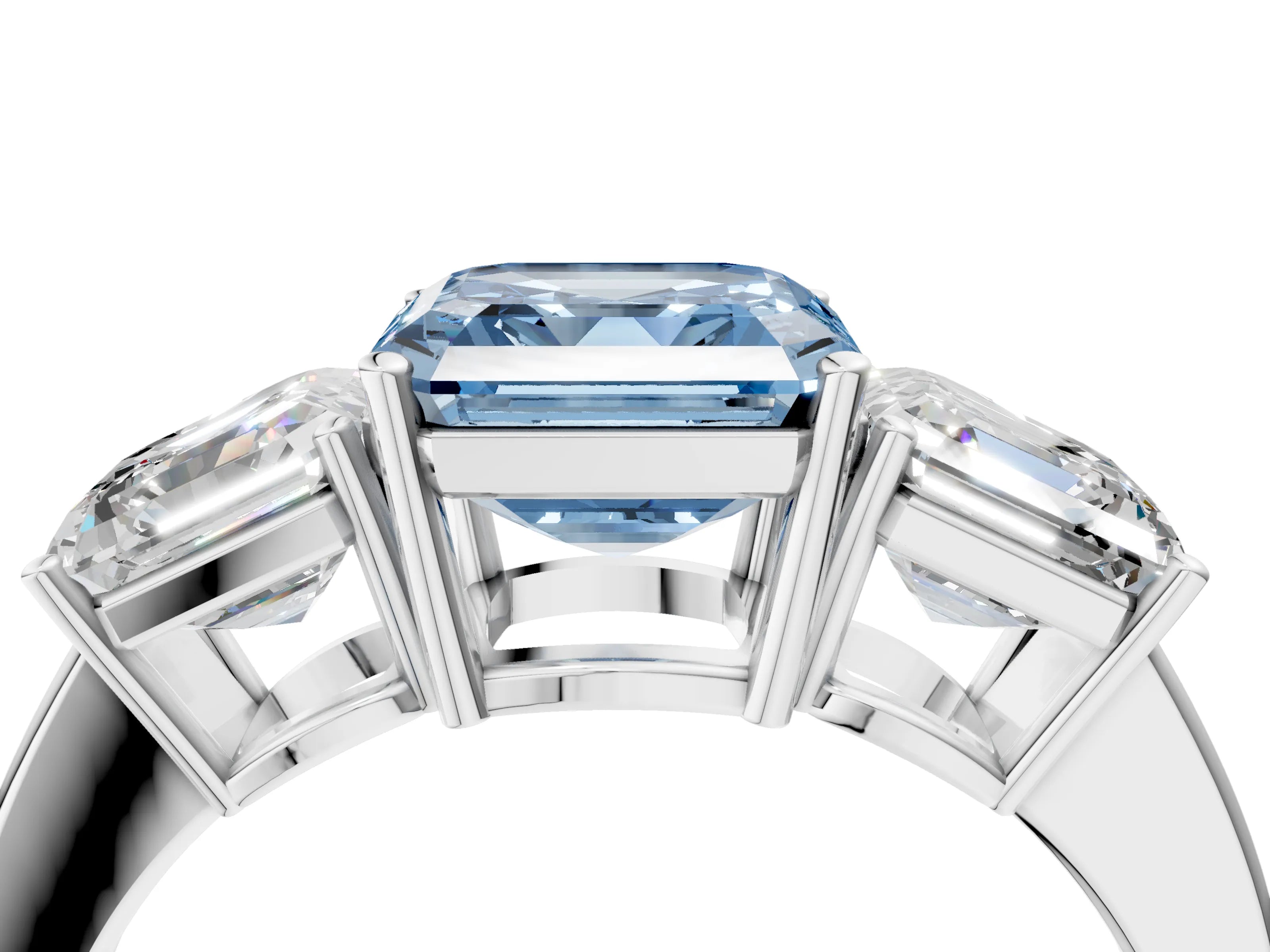 White gold Three-Stone Fancy Blue Asscher Cut Cut Diamond Engagement Ring with Flat Band and Four-Prong Setting_4