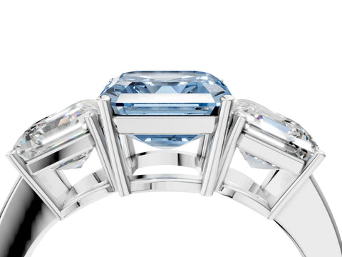 White gold Three-Stone Fancy Blue Asscher Cut Cut Diamond Engagement Ring with Flat Band and Four-Prong Setting_4