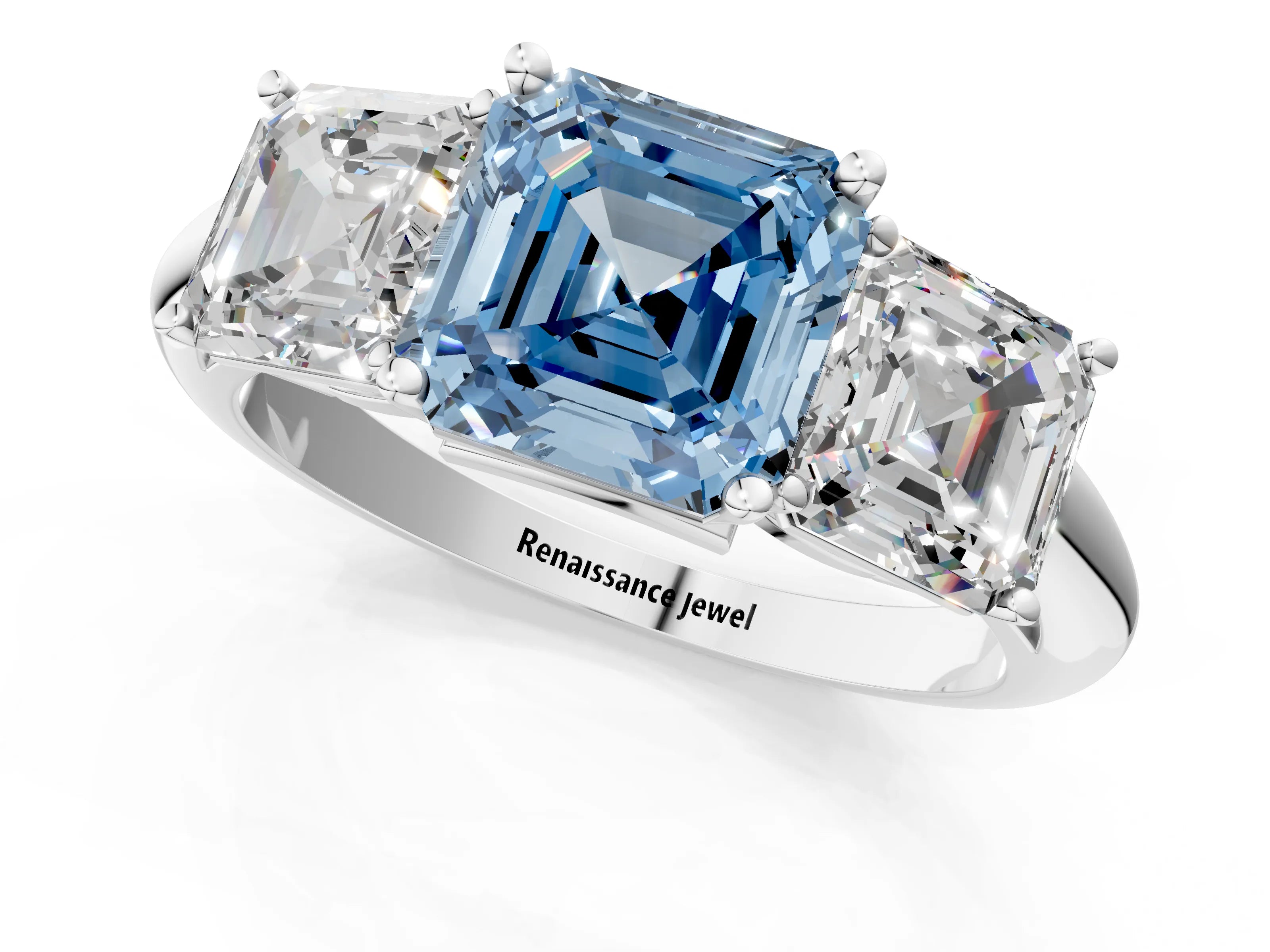 White gold Three-Stone Fancy Blue Asscher Cut Cut Diamond Engagement Ring with Prong Setting on a White Gold Band_13