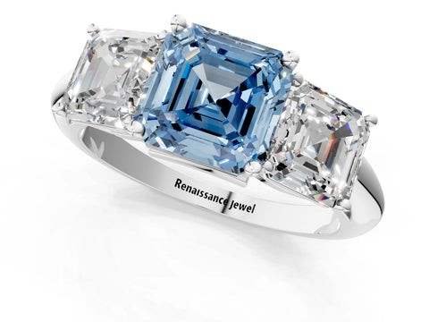 White gold Three-Stone Fancy Blue Asscher Cut Cut Diamond Engagement Ring with Prong Setting on a White Gold Band_13