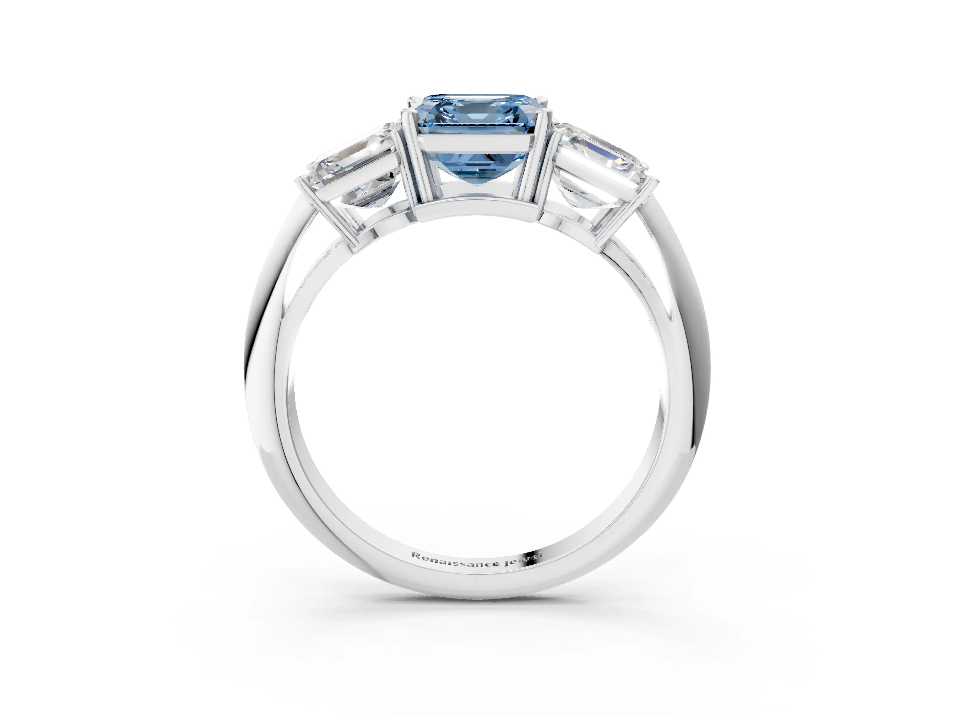 White gold Three-Stone Fancy Blue Asscher Cut Cut Diamond Engagement Ring with Prong Setting on a White Gold Band_15