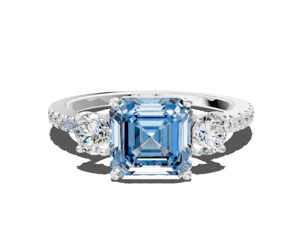 Platinum Three-Stone Fancy Blue Asscher Cut Cut Diamond Pavé Band with Prong Setting