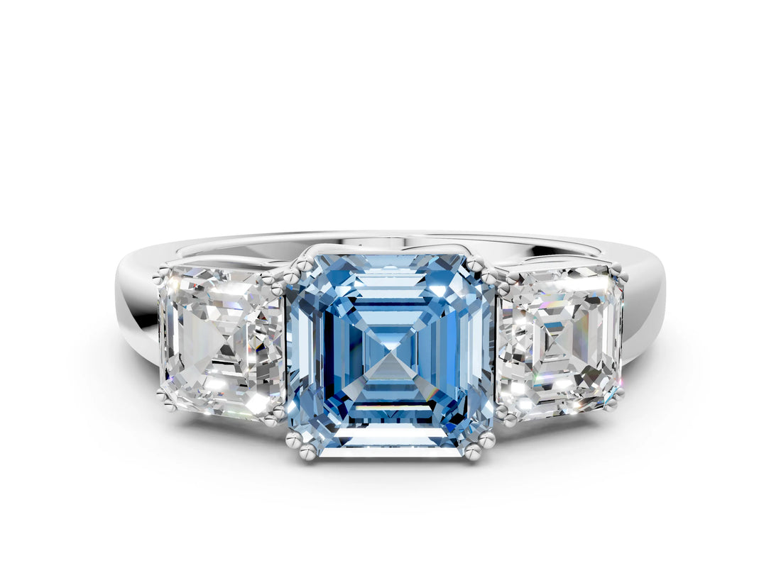 White gold Three-Stone Fancy Blue Asscher Cut Cut Diamond Ring with Channel Set Band and Four-Prong Setting_12