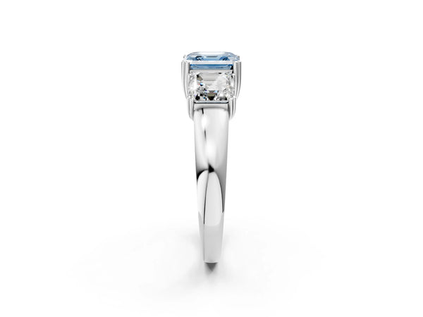 White gold Three-Stone Fancy Blue Asscher Cut Cut Diamond Ring with Channel Set Band and Four-Prong Setting