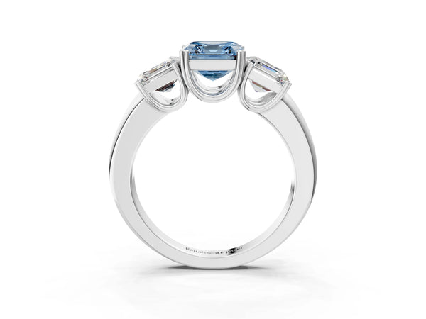 White gold Three-Stone Fancy Blue Asscher Cut Cut Diamond Ring with Channel Set Band and Four-Prong Setting