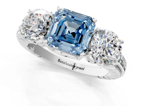 White gold Three-Stone Fancy Blue Asscher Cut Cut Diamond Ring with Channel-Set Band and Prong Setting_1
