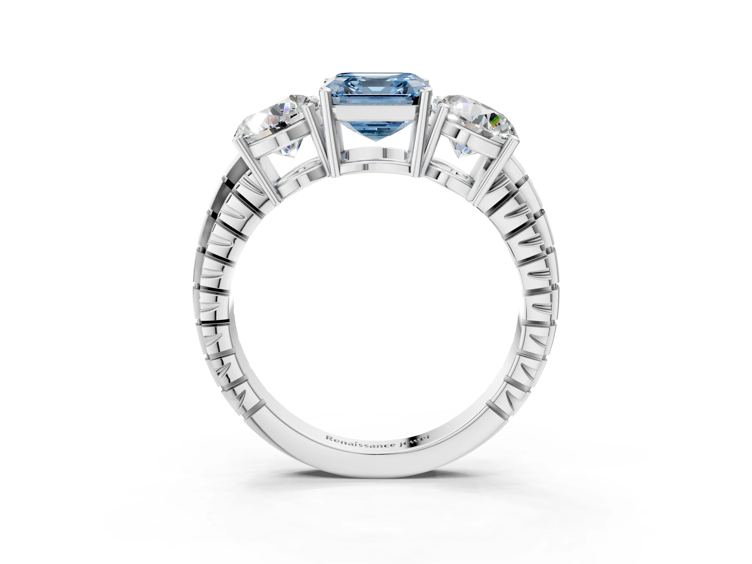White gold Three-Stone Fancy Blue Asscher Cut Cut Diamond Ring with Channel-Set Band and Prong Setting_3