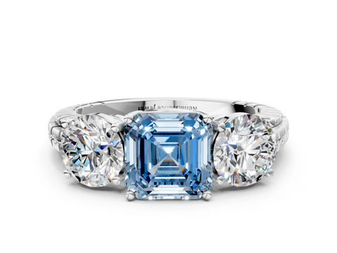 White gold Three-Stone Fancy Blue Asscher Cut Cut Diamond Ring with Channel-Set Band and Prong Setting