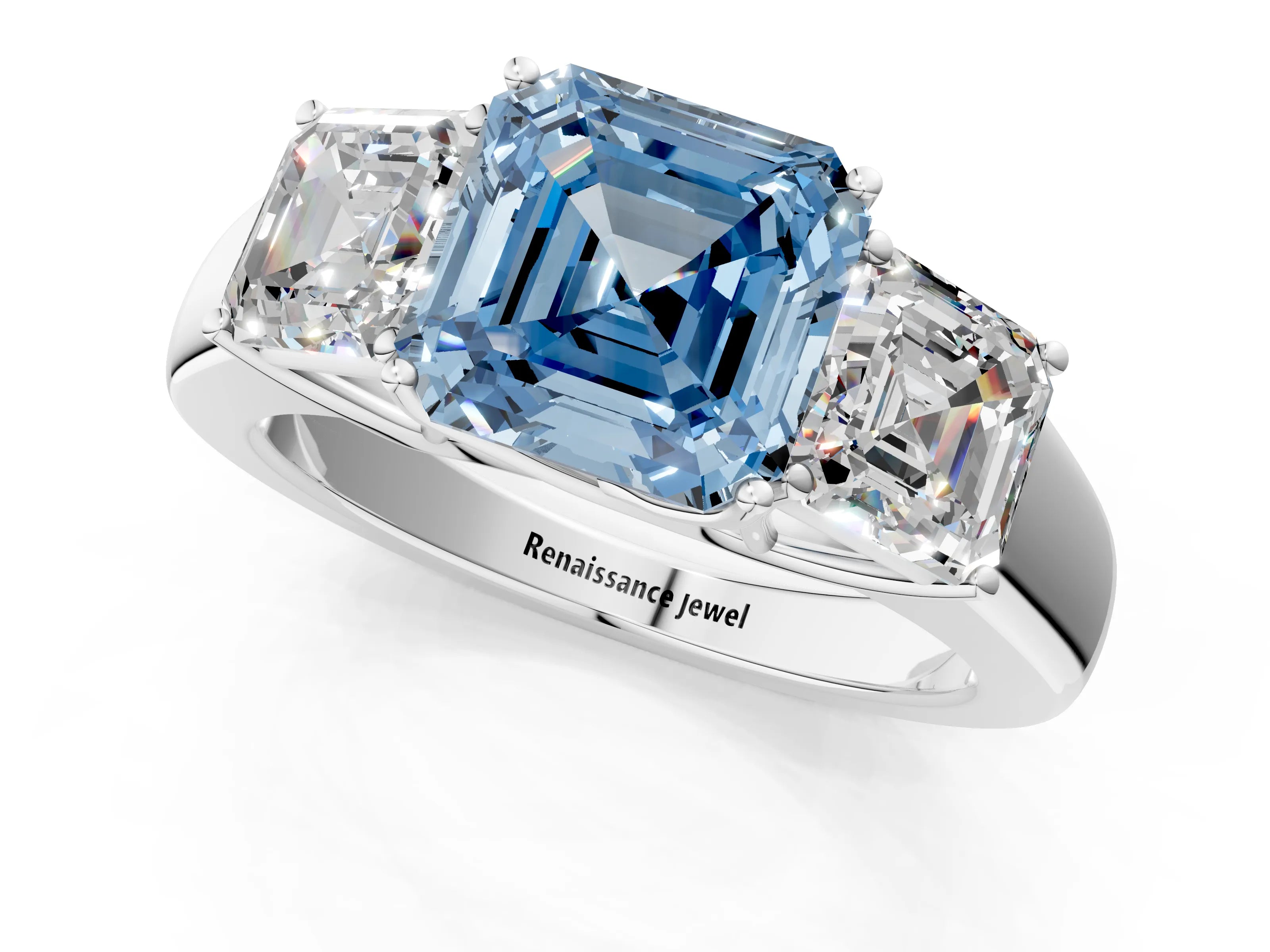 White gold Three-Stone Fancy Blue Asscher Cut Cut Diamond Ring with Prong Setting and Classic Band_1