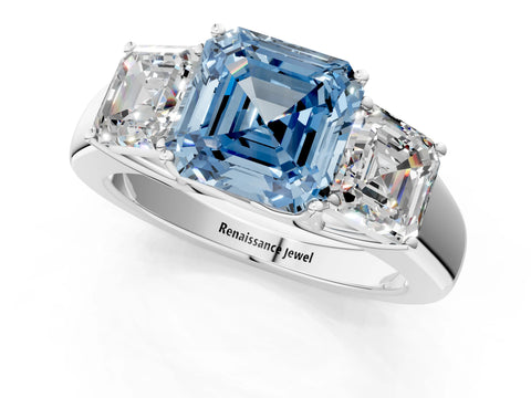 White gold Three-Stone Fancy Blue Asscher Cut Cut Diamond Ring with Prong Setting and Classic Band_1