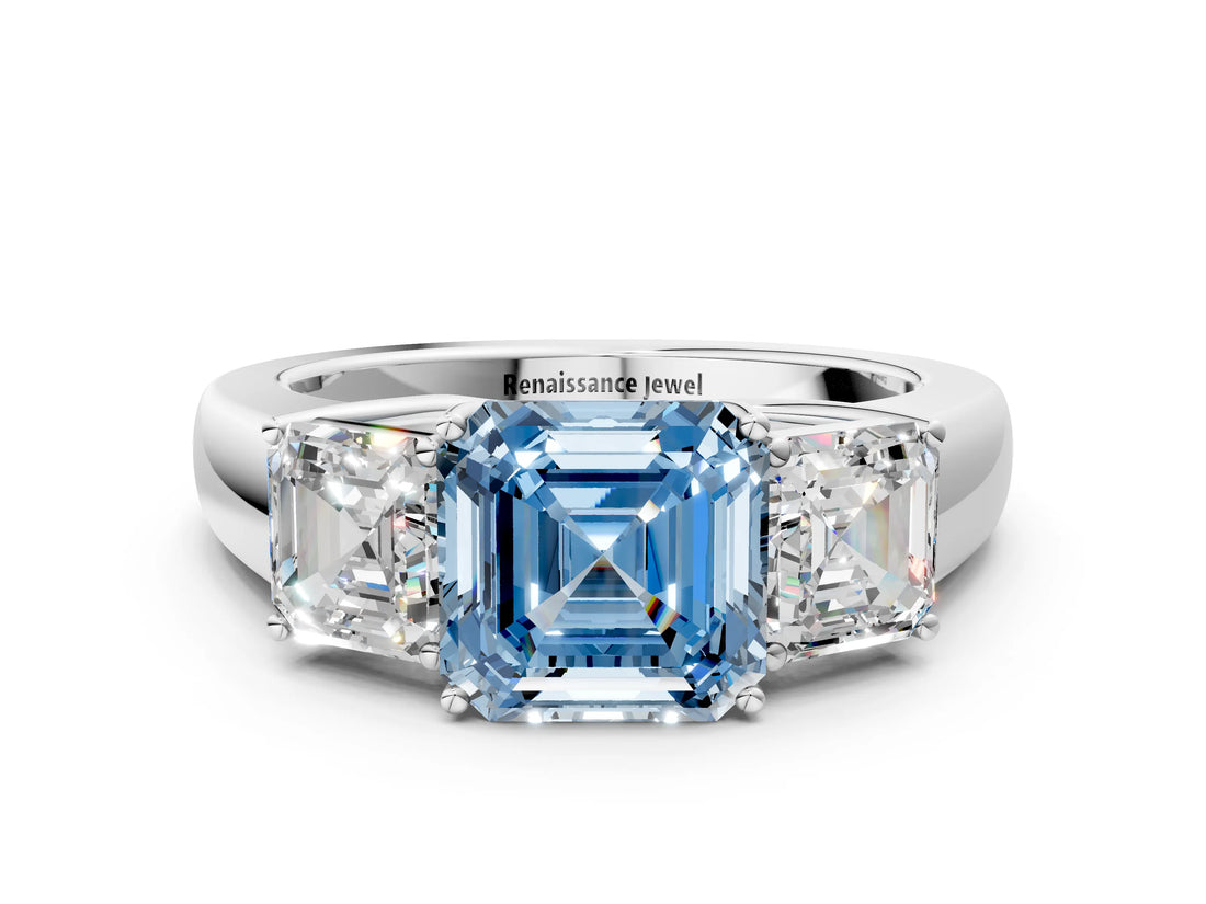 White gold Three-Stone Fancy Blue Asscher Cut Cut Diamond Ring with Prong Setting and Classic Band