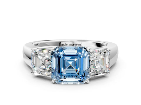 White gold Three-Stone Fancy Blue Asscher Cut Cut Diamond Ring with Prong Setting and Classic Band