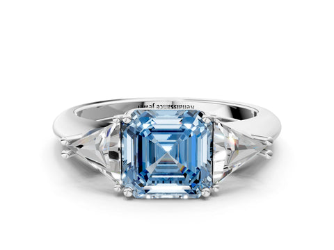 White gold Three-Stone Fancy Blue Asscher Cut Cut Diamond Ring with Trillion Side Stones and Four-Prong Setting_11