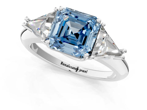 White gold Three-Stone Fancy Blue Asscher Cut Cut Diamond Ring with Trillion Side Stones and Four-Prong Setting_12