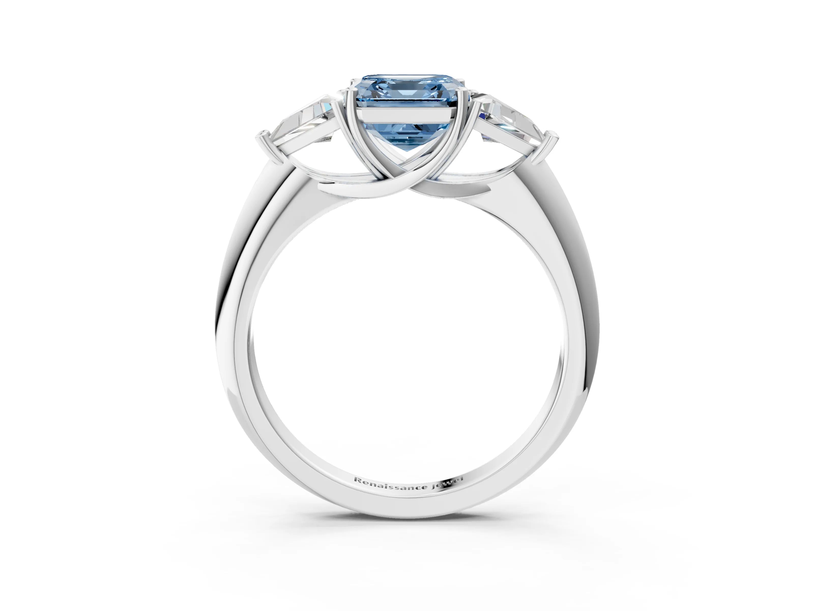 White gold Three-Stone Fancy Blue Asscher Cut Cut Diamond Ring with Trillion Side Stones and Four-Prong Setting_14