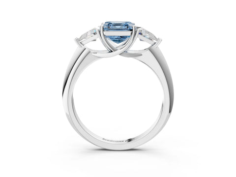 White gold Three-Stone Fancy Blue Asscher Cut Cut Diamond Ring with Trillion Side Stones and Four-Prong Setting_14