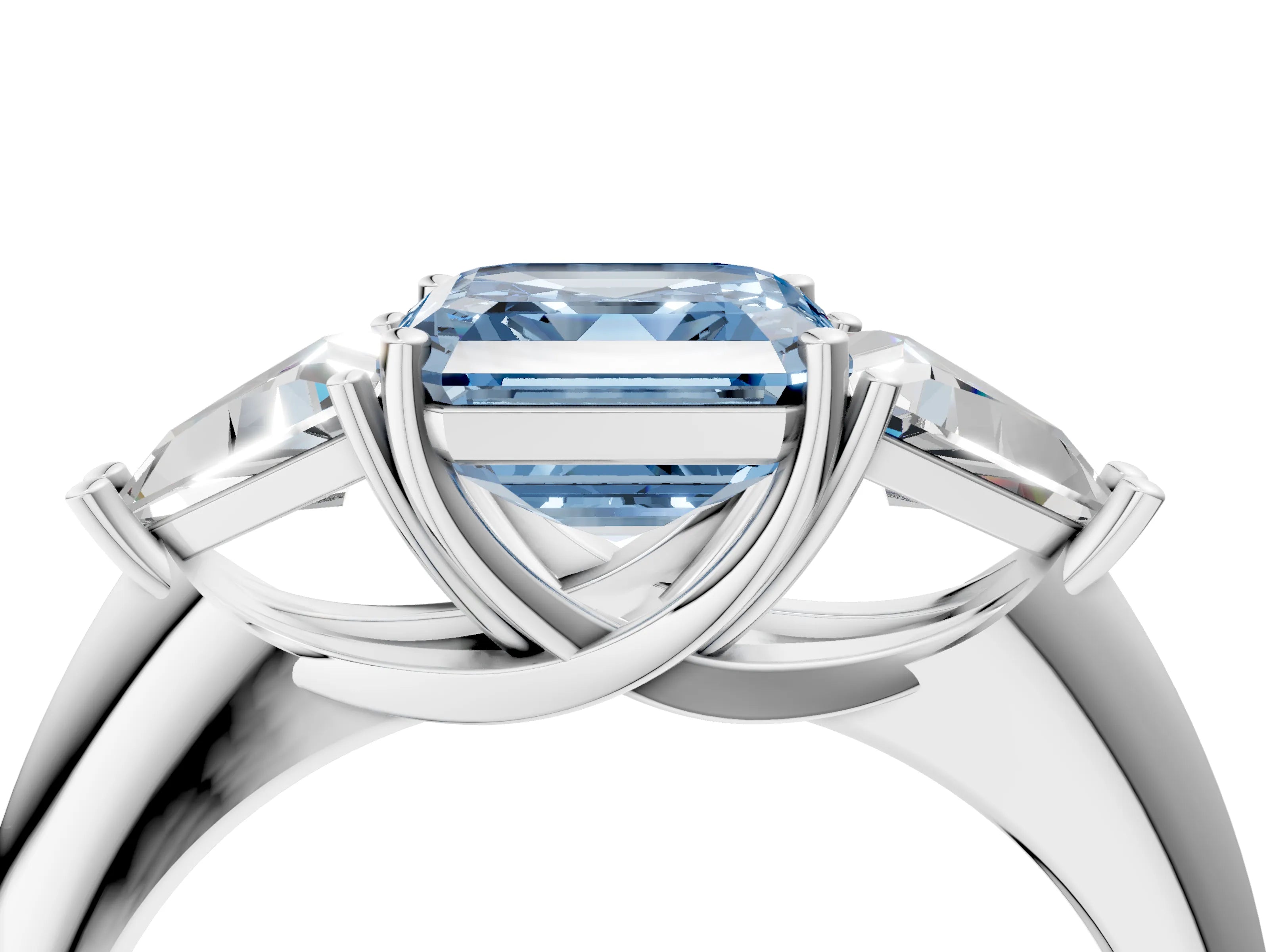 White gold Three-Stone Fancy Blue Asscher Cut Cut Diamond Ring with Trillion Side Stones and Four-Prong Setting_15