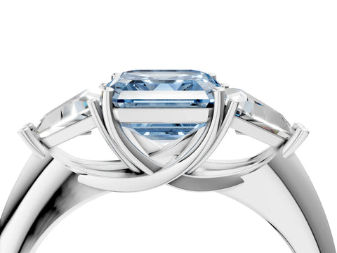 White gold Three-Stone Fancy Blue Asscher Cut Cut Diamond Ring with Trillion Side Stones and Four-Prong Setting_15