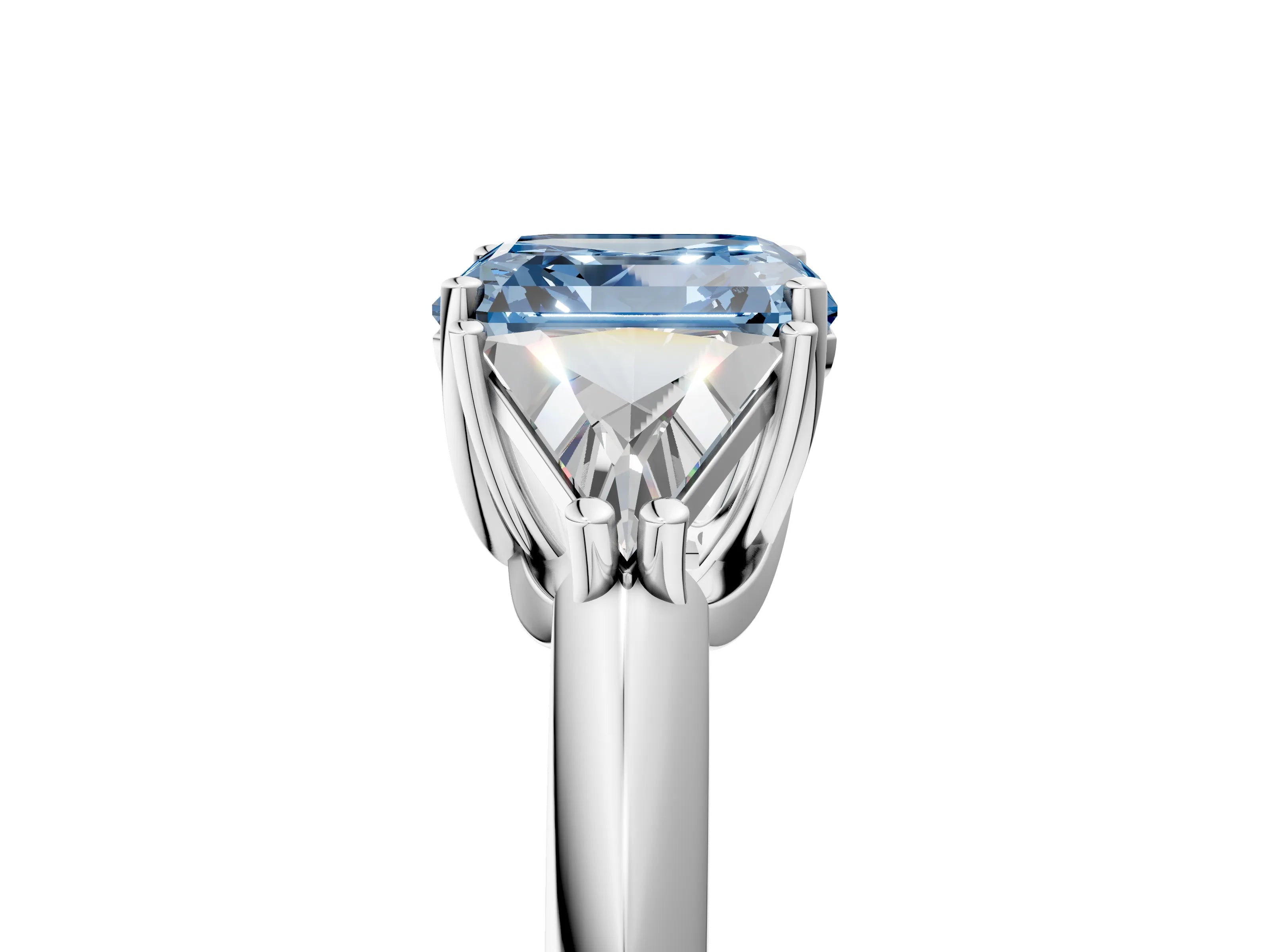 White gold Three-Stone Fancy Blue Asscher Cut Cut Diamond Ring with Trillion Side Stones and Four-Prong Setting_16