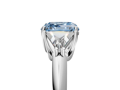 White gold Three-Stone Fancy Blue Asscher Cut Cut Diamond Ring with Trillion Side Stones and Four-Prong Setting_16