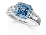 White gold Three-Stone Fancy Blue Asscher Cut Cut Diamond Ring with Trillion Side Stones on a Split Shank Band_1