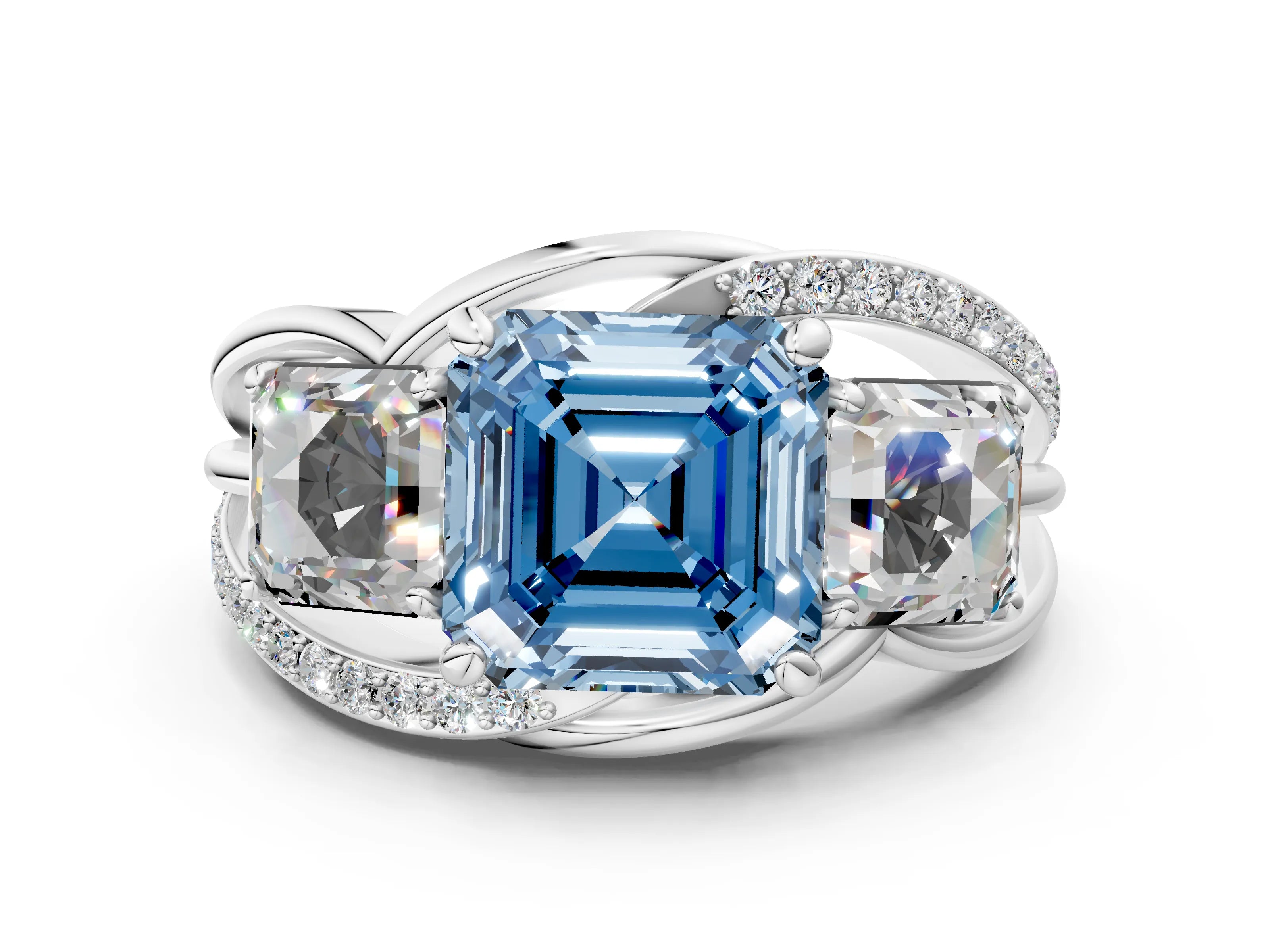 White gold Three-Stone Fancy Blue Asscher Cut Cut Diamond Split Shank Prong Set Ring_24
