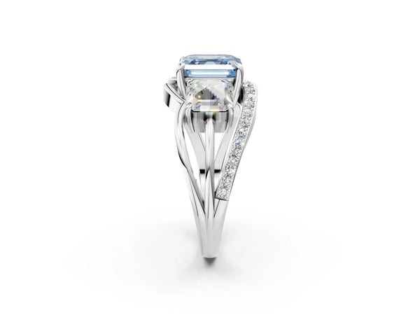Platinum Asscher Cut Three Stone Split Shank Engagement Ring Setting for Fancy Blue Center