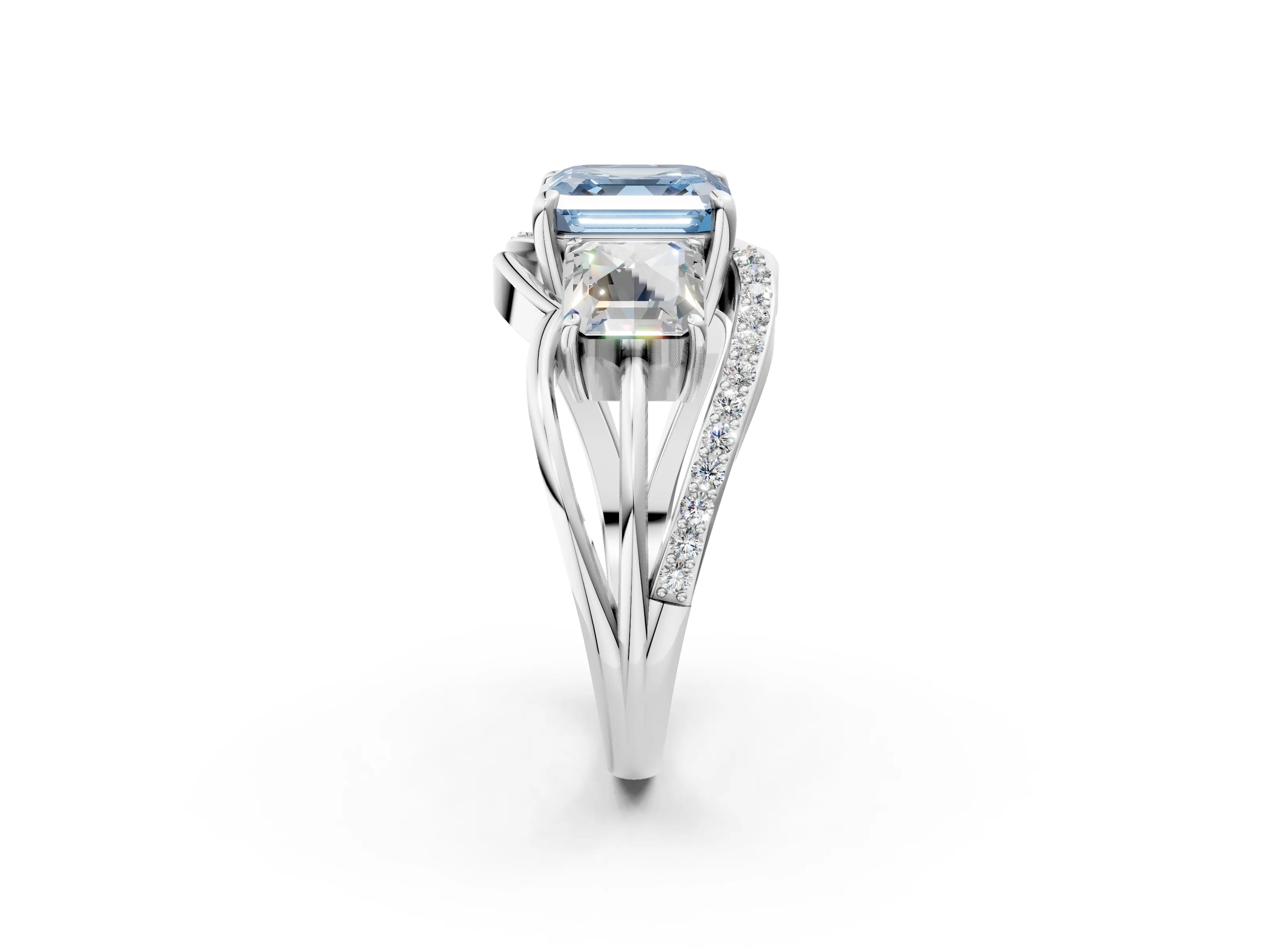 White gold Three-Stone Fancy Blue Asscher Cut Cut Diamond Split Shank Prong Set Ring_26