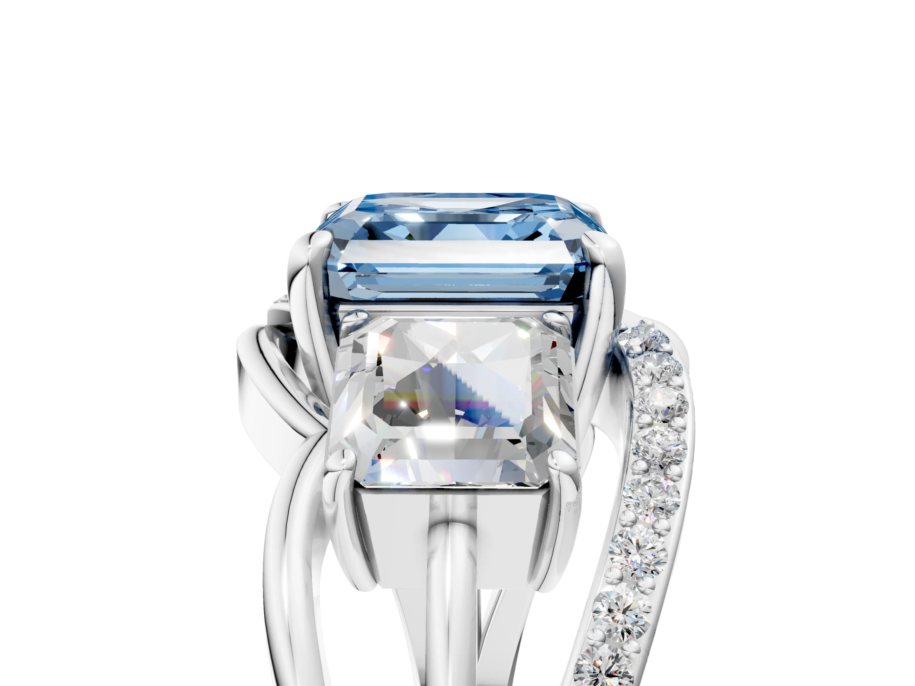 White gold Three-Stone Fancy Blue Asscher Cut Cut Diamond Split Shank Prong Set Ring_29