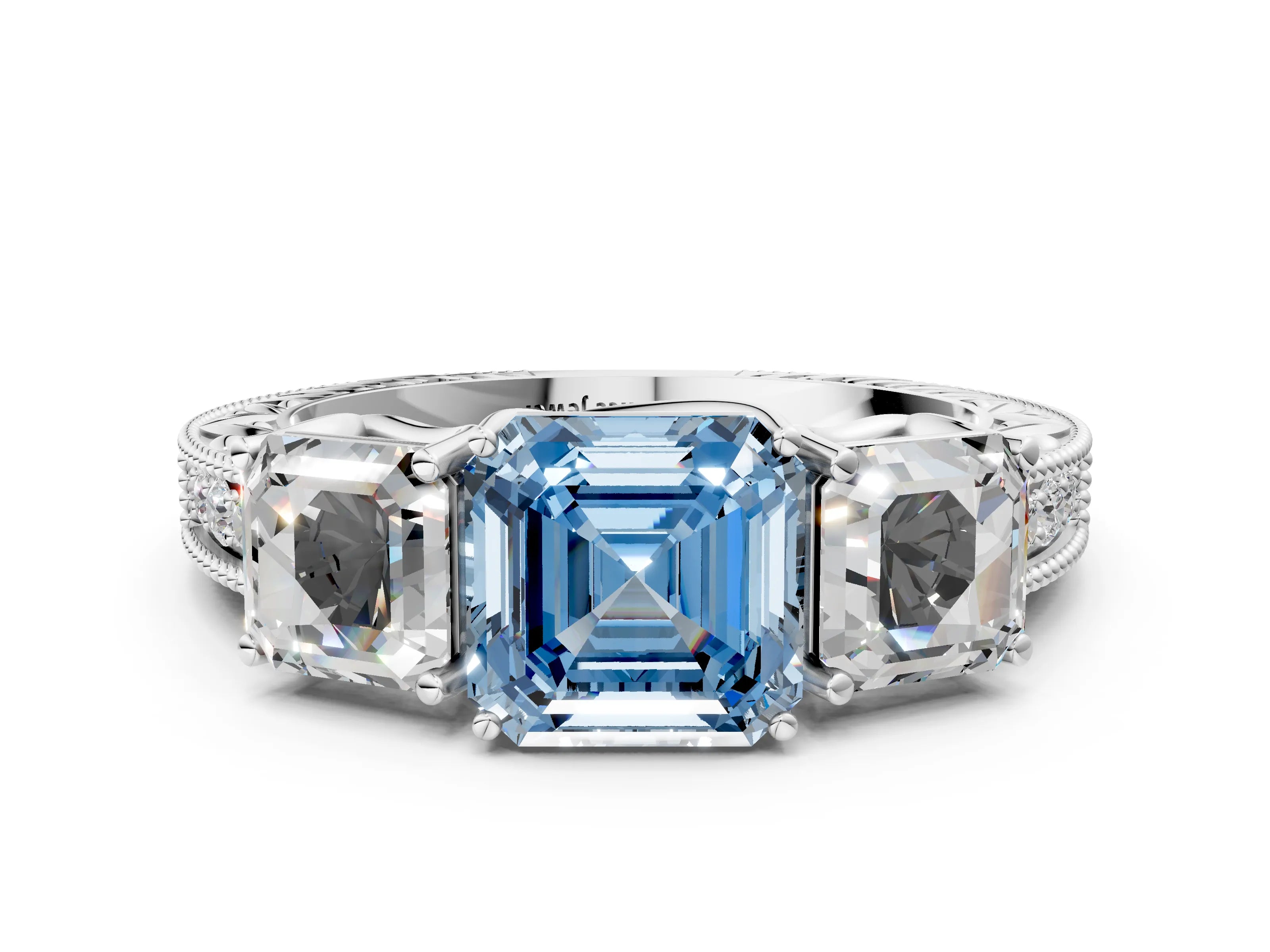 White gold Three-Stone Fancy Blue Asscher Cut Cut Milgrain Pavé Engagement Ring_12