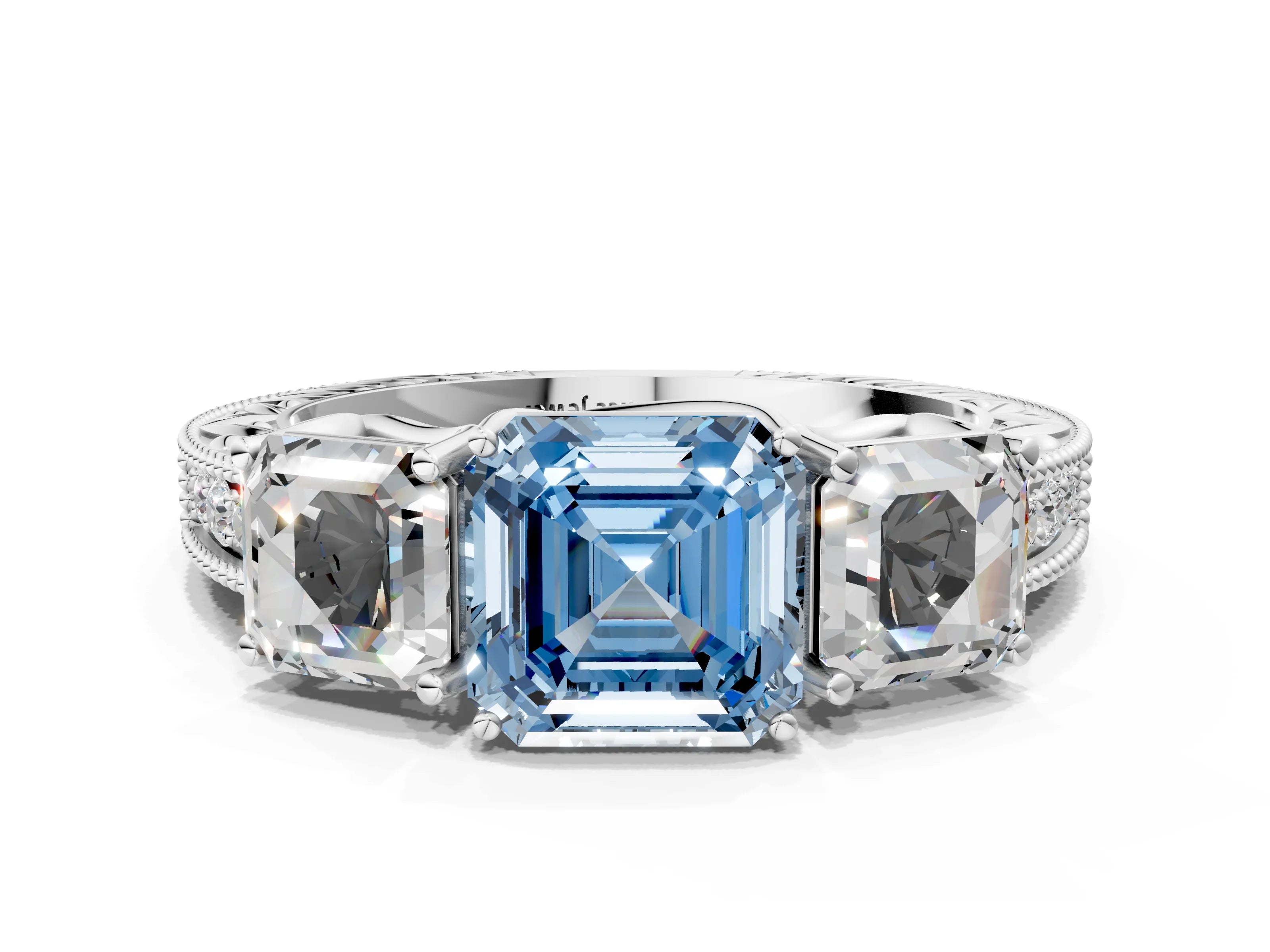 White gold Three-Stone Fancy Blue Asscher Cut Cut Milgrain Pavé Engagement Ring_12
