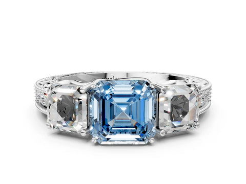 White gold Three-Stone Fancy Blue Asscher Cut Cut Milgrain Pavé Engagement Ring_12
