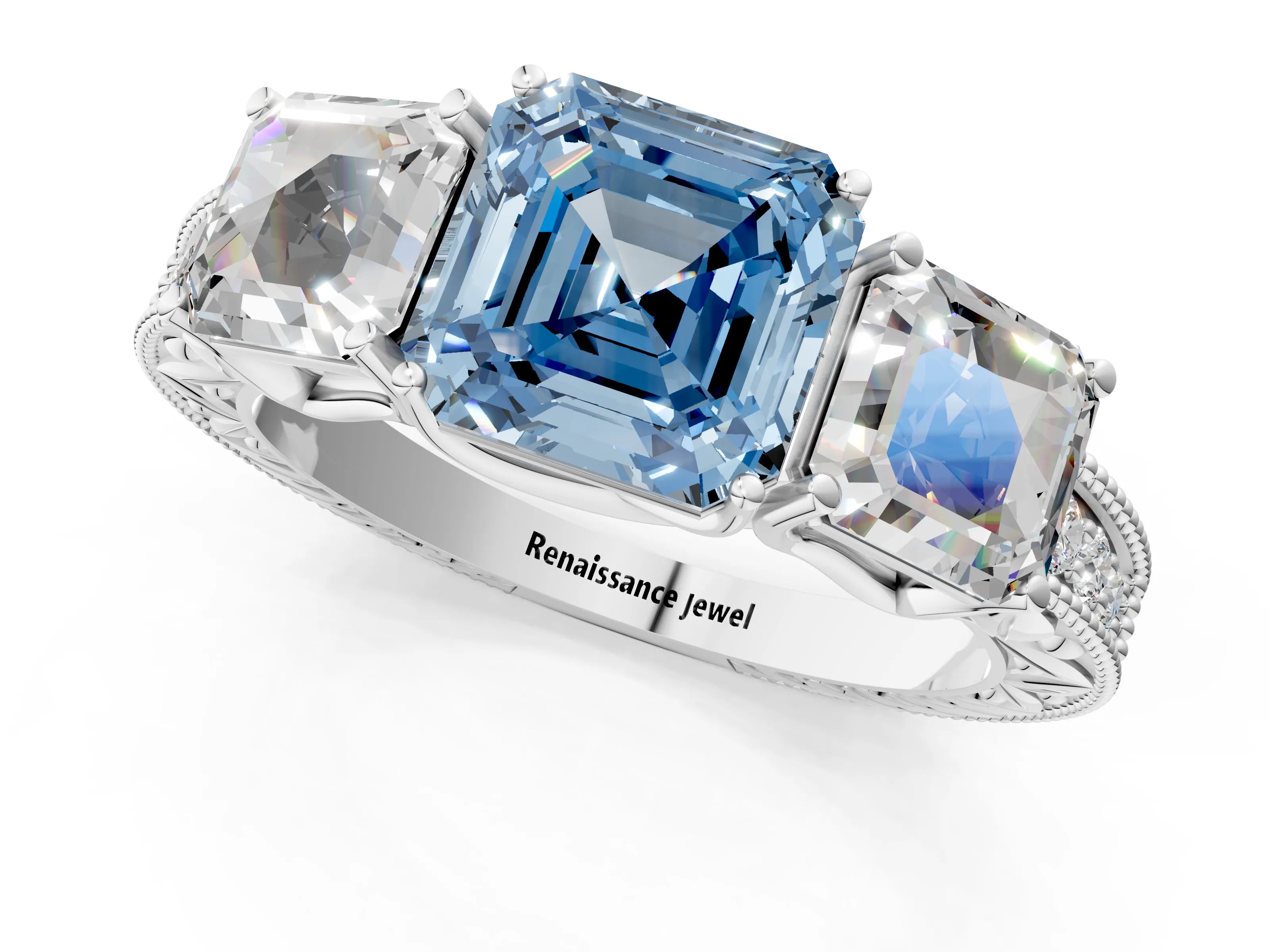 White gold Three-Stone Fancy Blue Asscher Cut Cut Milgrain Pavé Engagement Ring_13