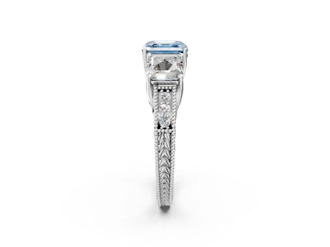 White gold Three-Stone Fancy Blue Asscher Cut Cut Milgrain Pavé Engagement Ring_14