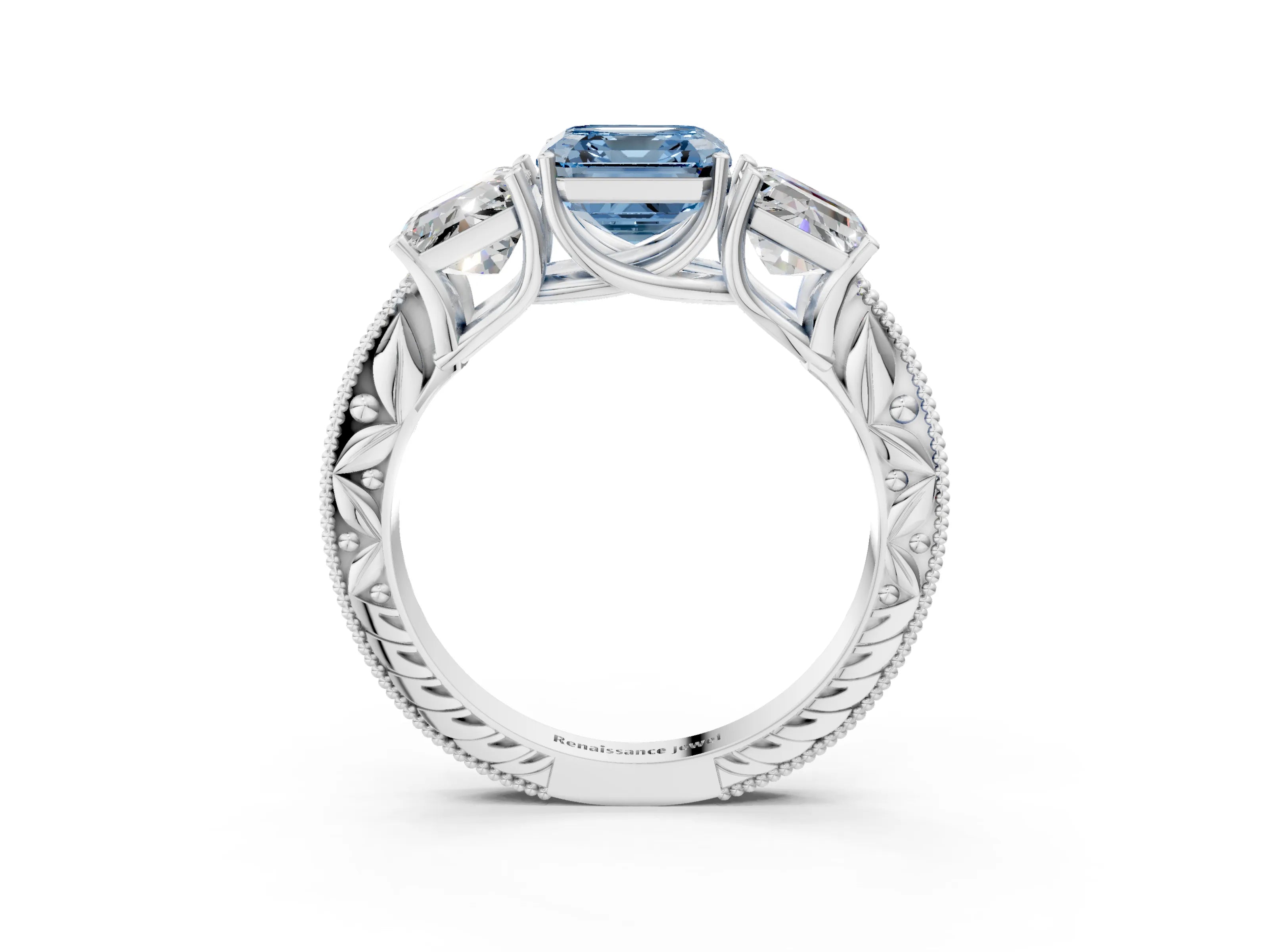 White gold Three-Stone Fancy Blue Asscher Cut Cut Milgrain Pavé Engagement Ring_15