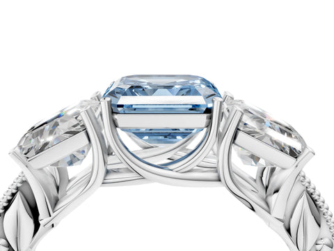 White gold Three-Stone Fancy Blue Asscher Cut Cut Milgrain Pavé Engagement Ring_16
